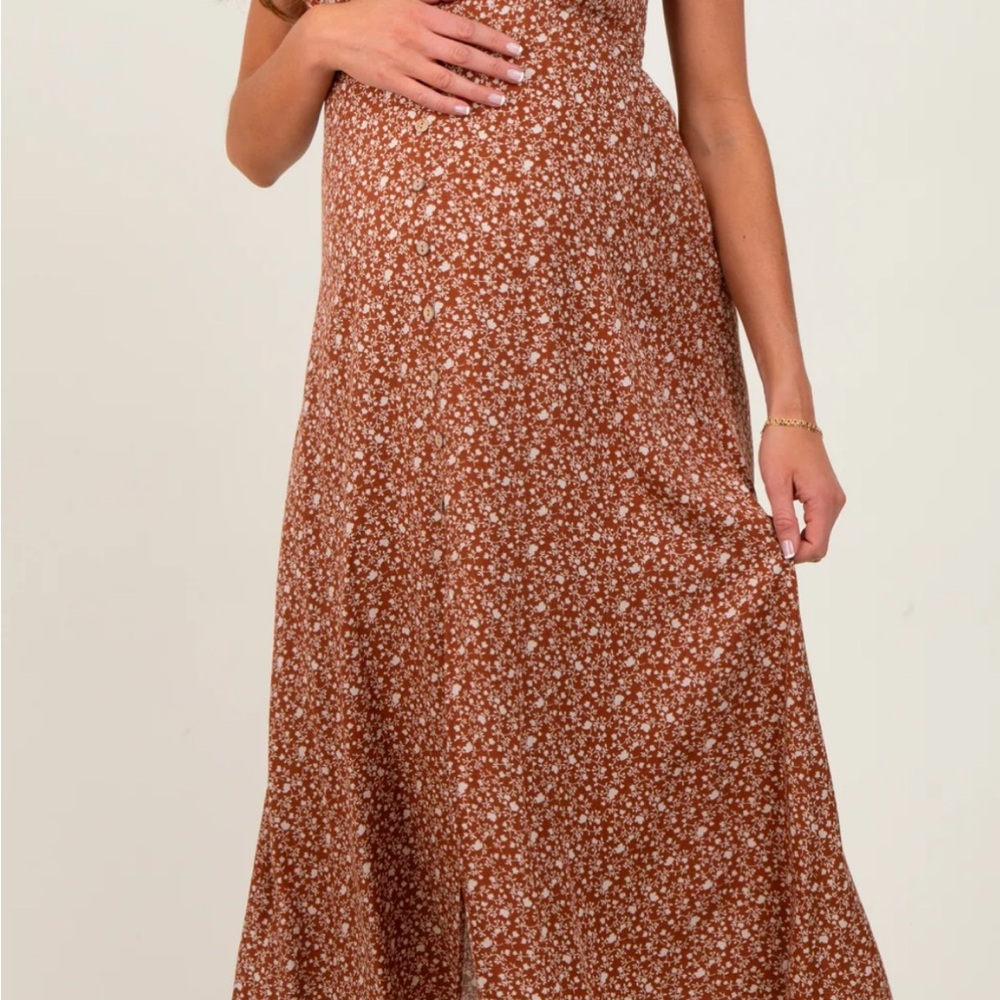 Rust Floral V-Neck Button Front Maternity Midi Dress